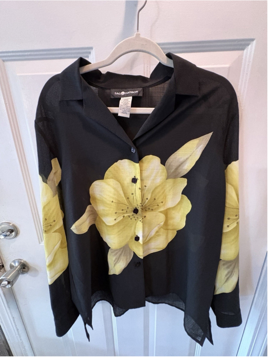 Safe Harbor Tops - Safe Harbor Black yellow Floral Button Blouse Semi-sheer Large 1081